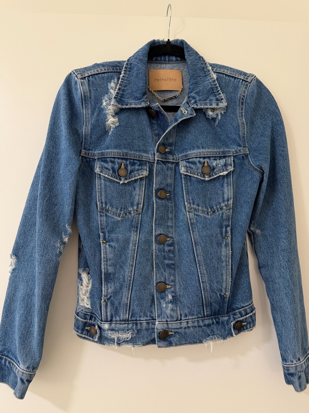 Retrofete NWOT Karina Jean Jacket Rip Tide Blue Distressed Denim Size Small